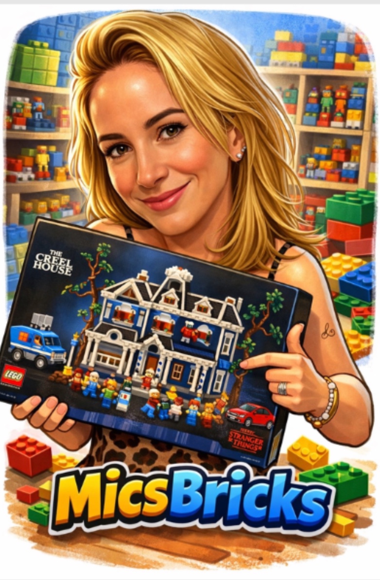 Illustration of Mic holding the LEGO Stranger Things Creel House set